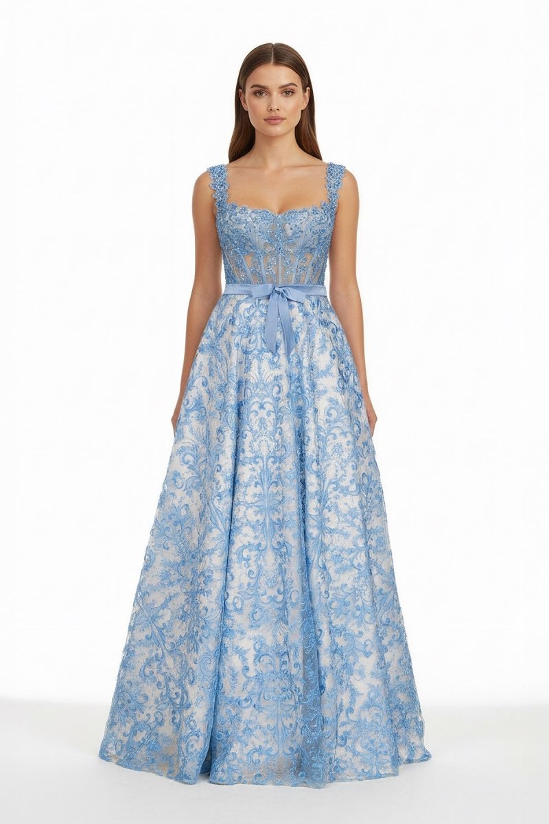 Blue Square Neck A Line Lace Beaded Wedding Guest Dress With Appliques - Curvevia