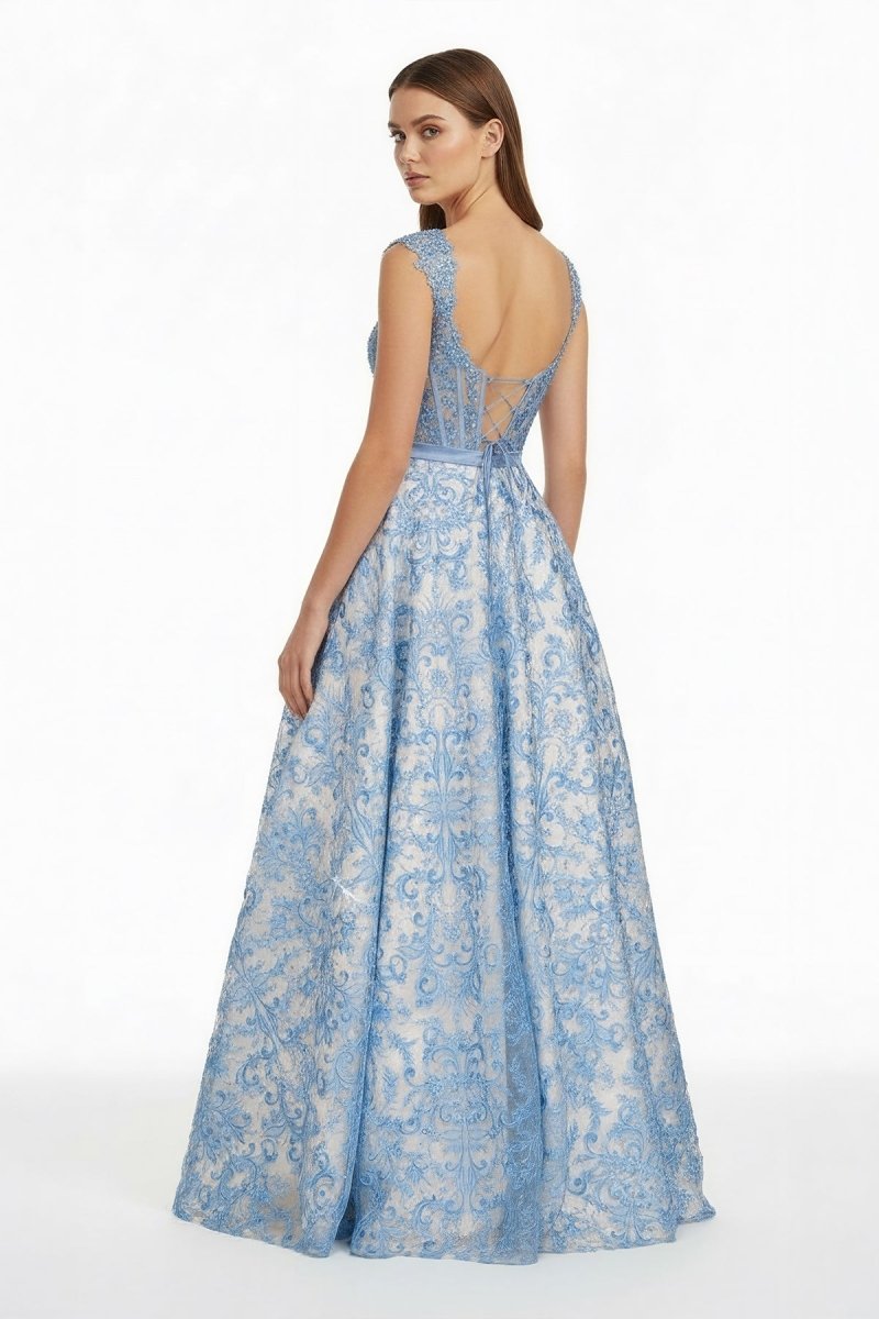 Blue Square Neck A Line Lace Beaded Wedding Guest Dress With Appliques - Curvevia