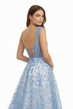 Blue Square Neck A Line Lace Beaded Wedding Guest Dress With Appliques - Curvevia