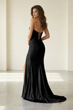Red Strapless Mermaid Satin Beaded Long Evening Dress With Slit - Curvevia