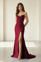 Red Strapless Mermaid Satin Beaded Long Evening Dress With Slit - Curvevia