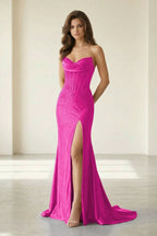 Red Strapless Mermaid Satin Beaded Long Evening Dress With Slit - Curvevia