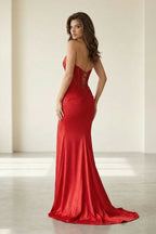 Red Strapless Mermaid Satin Beaded Long Evening Dress With Slit - Curvevia