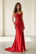 Red Strapless Mermaid Satin Beaded Long Evening Dress With Slit - Curvevia