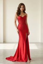 Red Strapless Mermaid Satin Beaded Long Evening Dress With Slit - Curvevia