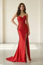 Red Strapless Mermaid Satin Beaded Long Evening Dress With Slit - Curvevia