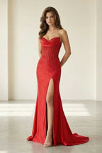 Red Strapless Mermaid Satin Beaded Long Evening Dress With Slit - Curvevia