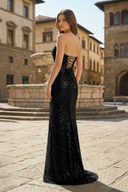 Red Strapless Mermaid Sequins Pleated Evening Dress With Slit - Curvevia