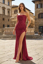 Red Strapless Mermaid Sequins Pleated Evening Dress With Slit - Curvevia