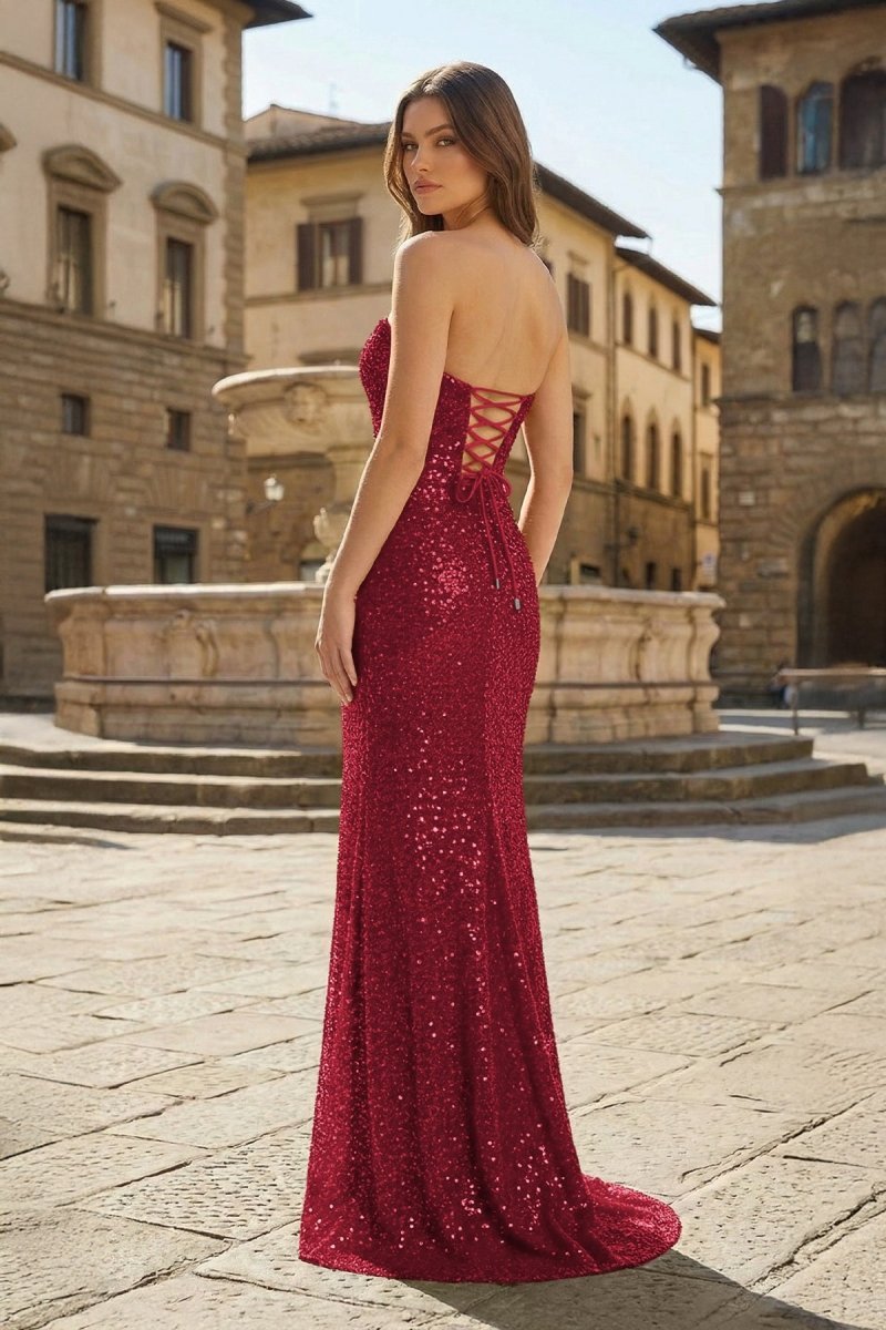 Red Strapless Mermaid Sequins Pleated Evening Dress With Slit - Curvevia