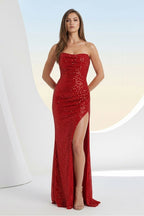 Red Strapless Mermaid Sequins Pleated Evening Dress With Slit - Curvevia