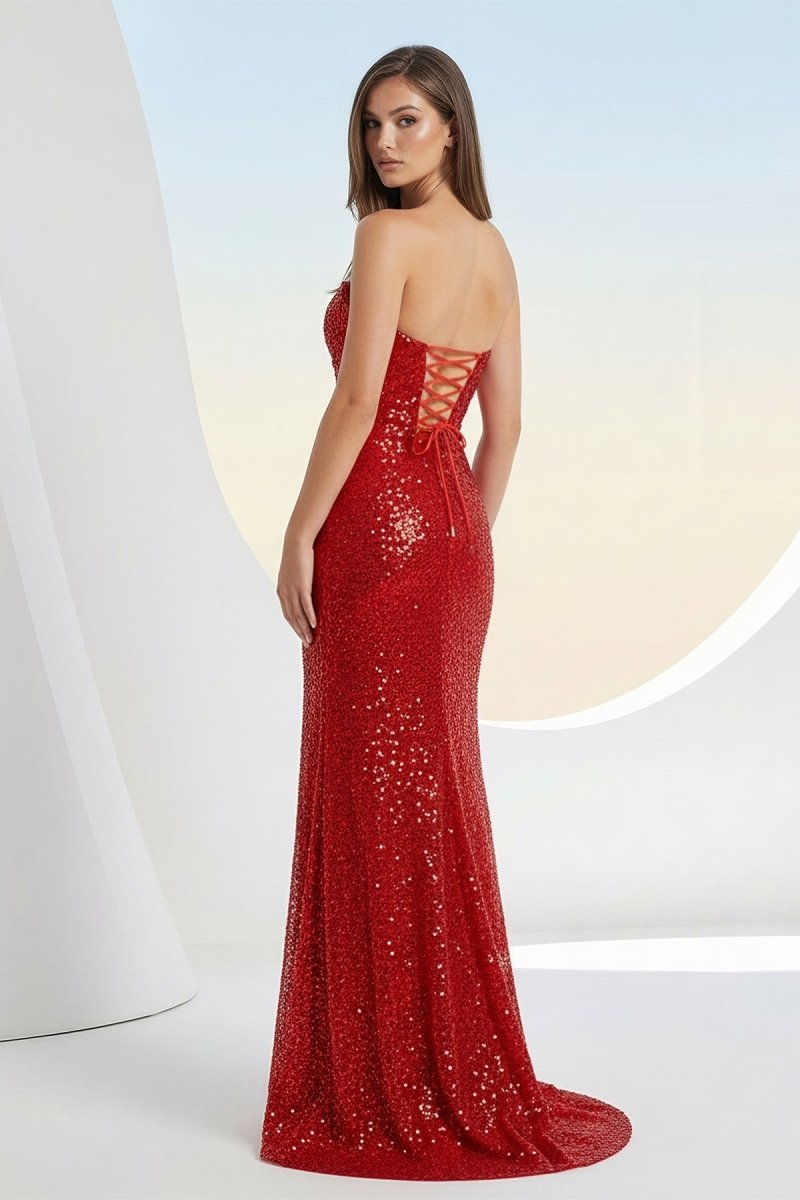 Red Strapless Mermaid Sequins Pleated Evening Dress With Slit - Curvevia