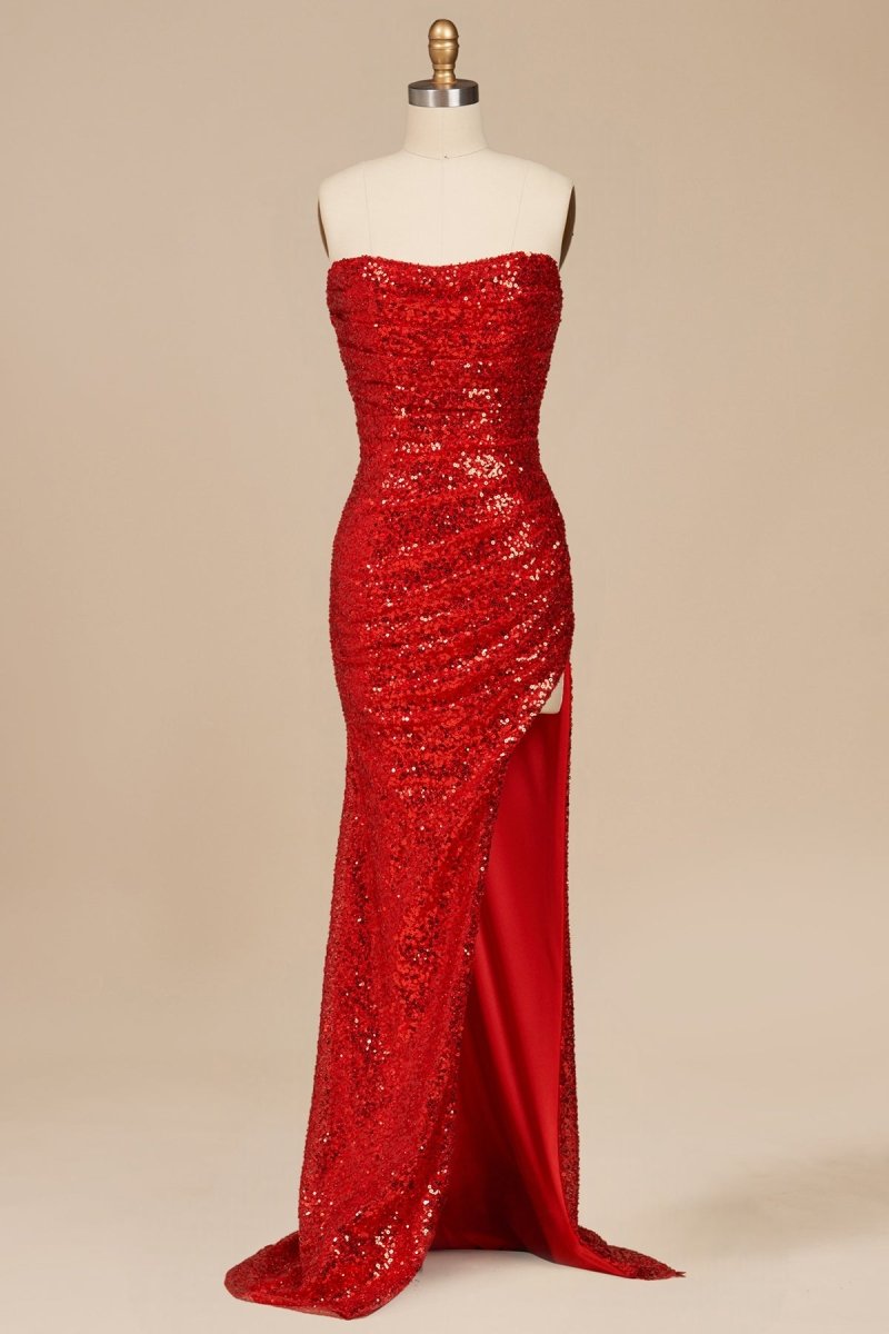 Red Strapless Mermaid Sequins Pleated Evening Dress With Slit - Curvevia