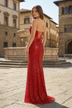 Red Strapless Mermaid Sequins Pleated Evening Dress With Slit - Curvevia