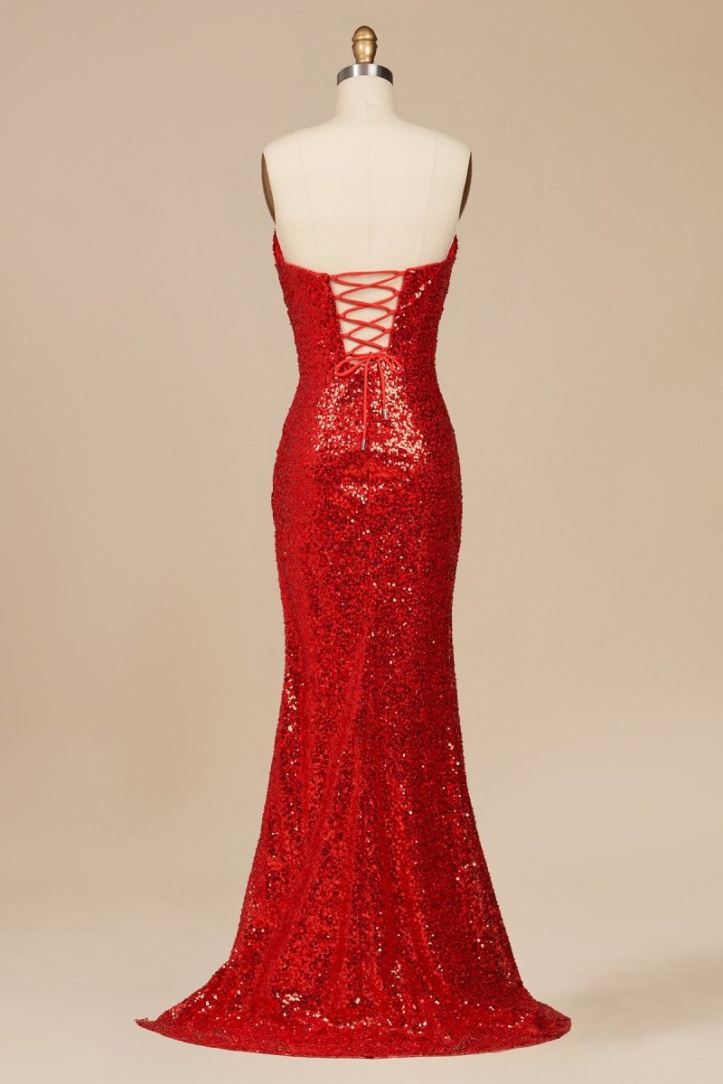 Red Strapless Mermaid Sequins Pleated Evening Dress With Slit - Curvevia