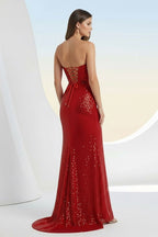 Red Strapless Mermaid Sequins Pleated Evening Dress With Slit - Curvevia