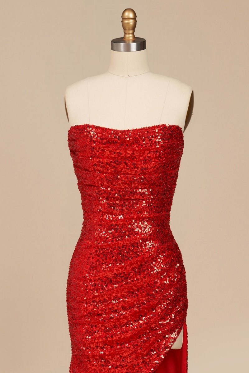 Red Strapless Mermaid Sequins Pleated Evening Dress With Slit - Curvevia