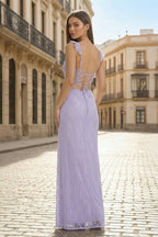 Lavender Sweetheart Sheath Lace Ruffled Wedding Guest Dress With Slit - Curvevia