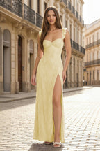 Lavender Sweetheart Sheath Lace Ruffled Wedding Guest Dress With Slit - Curvevia
