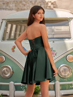 A-Line Strapless Satin Wedding Guest Dress with Pockets - Curvevia