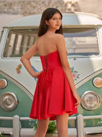 A-Line Strapless Satin Wedding Guest Dress with Pockets - Curvevia