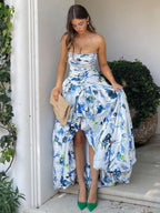A-Line Blue Printed Strapless Long Wedding Guest Dress - Curvevia