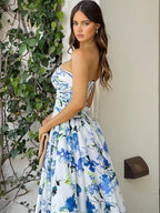 A-Line Blue Printed Strapless Long Wedding Guest Dress - Curvevia