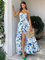 A-Line Blue Printed Strapless Long Wedding Guest Dress - Curvevia