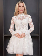 Short White A-Line Illusion Neck Long Sleeves Lace Wedding Dresses - Curvevia