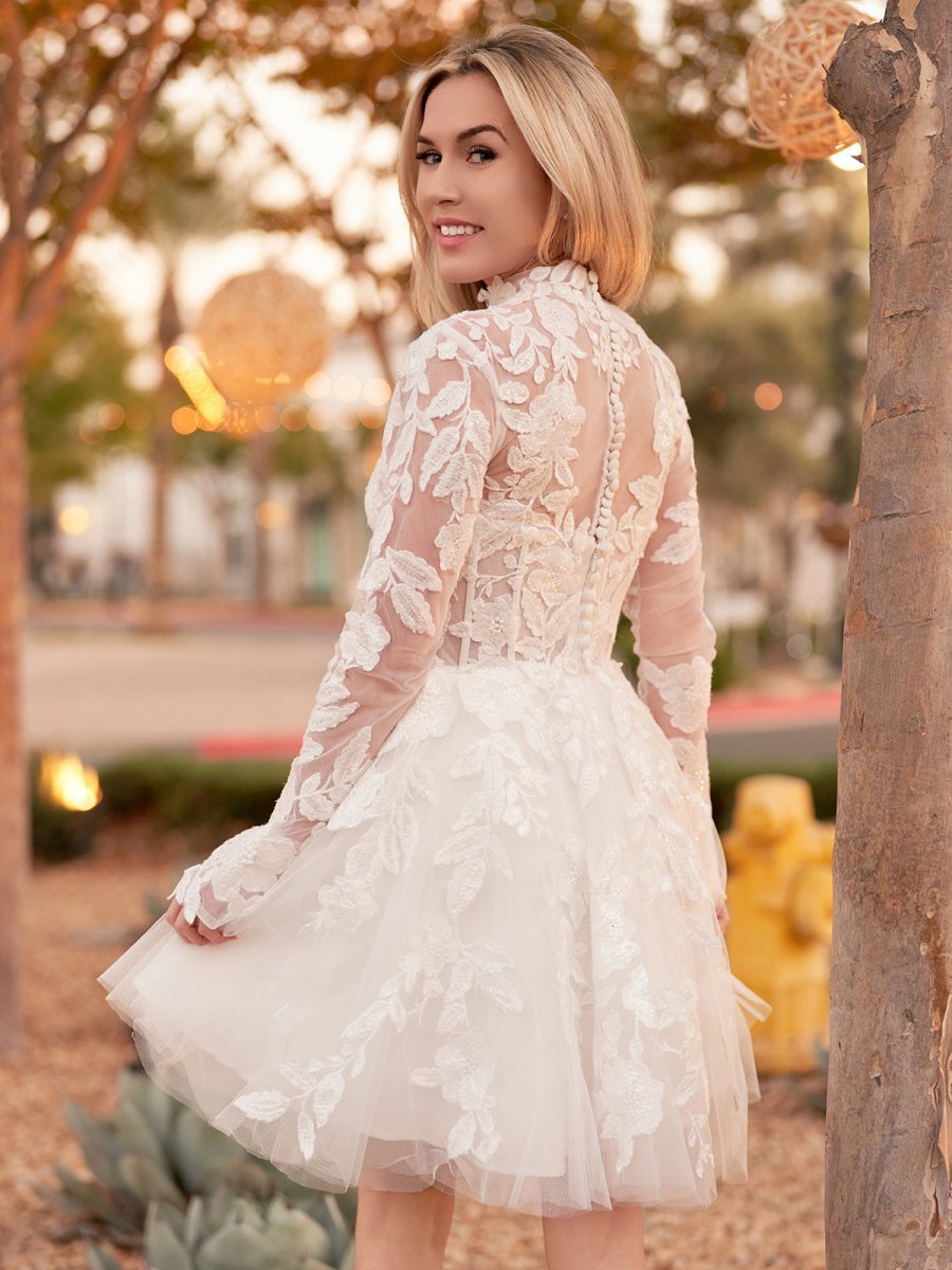 Short White A-Line Illusion Neck Long Sleeves Lace Wedding Dresses - Curvevia