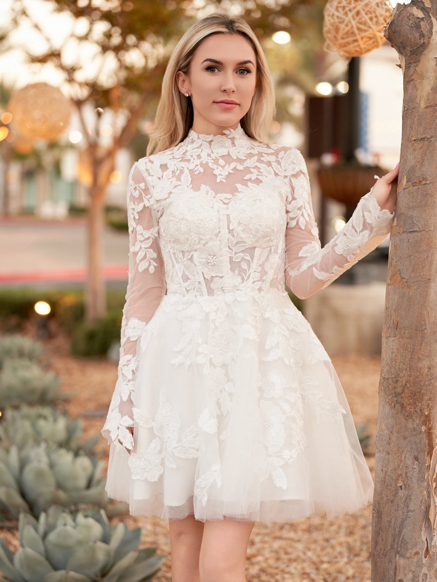 Short White A-Line Illusion Neck Long Sleeves Lace Wedding Dresses - Curvevia