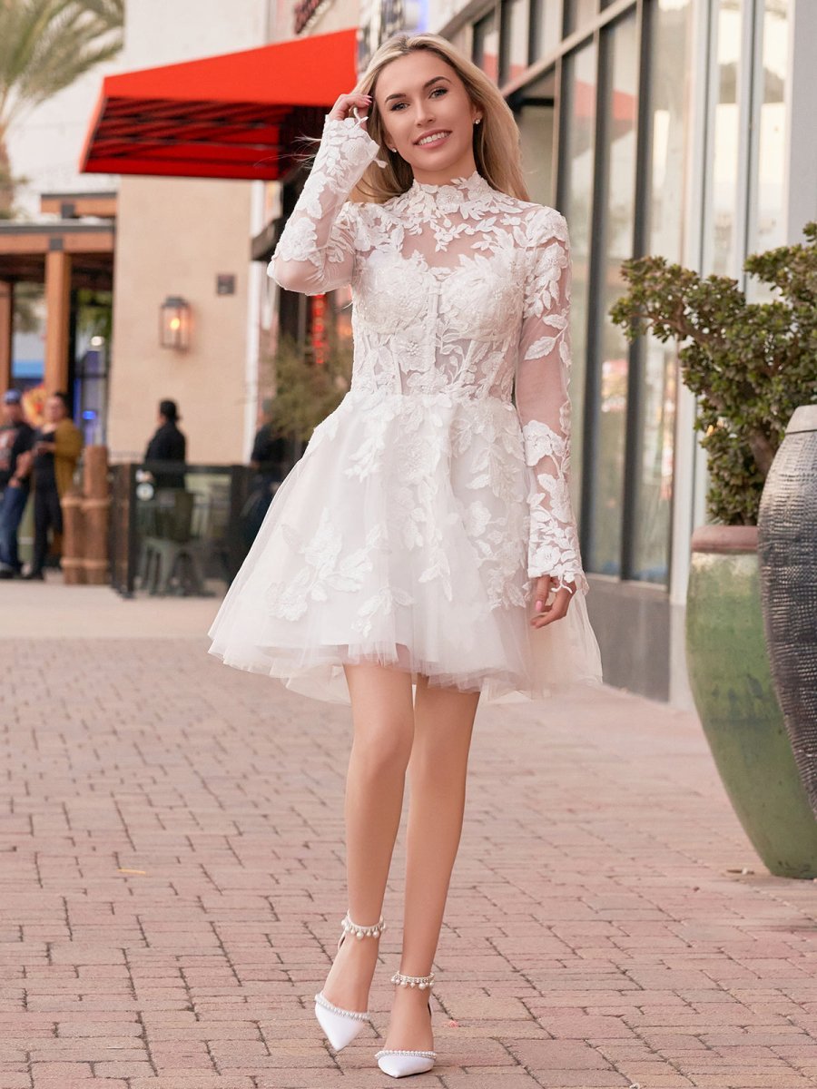Short White A-Line Illusion Neck Long Sleeves Lace Wedding Dresses - Curvevia