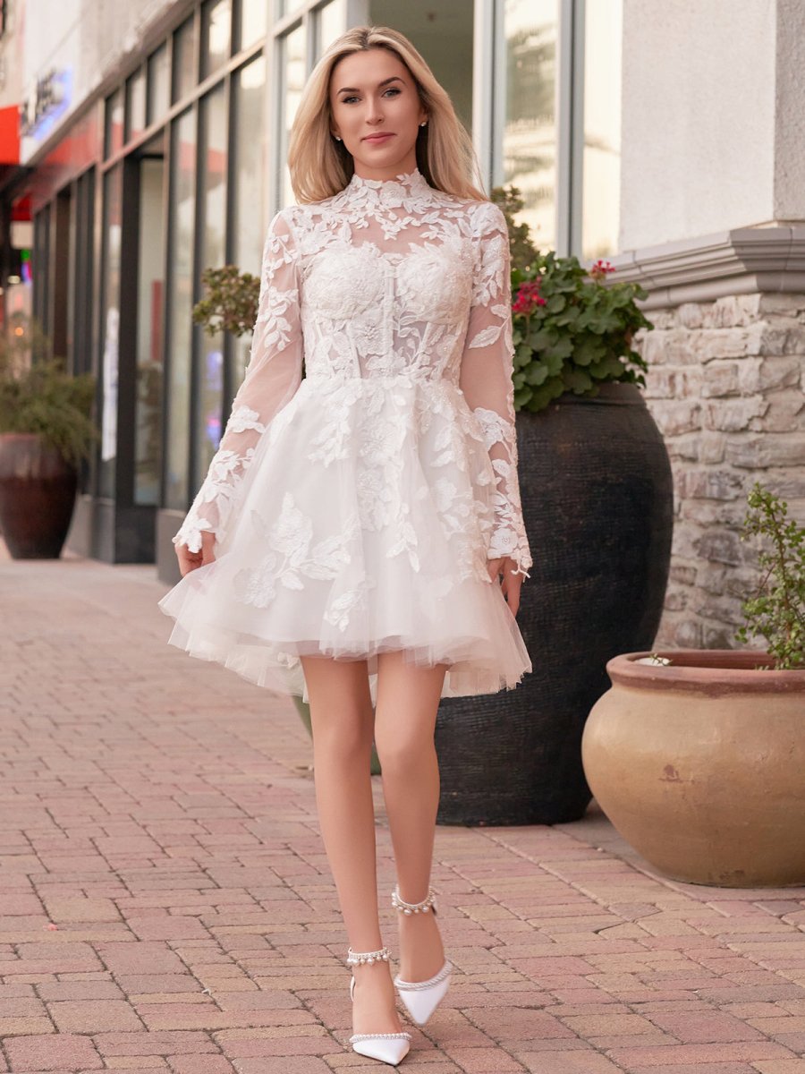 Short White A-Line Illusion Neck Long Sleeves Lace Wedding Dresses - Curvevia
