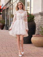 Short White A-Line Illusion Neck Long Sleeves Lace Wedding Dresses - Curvevia