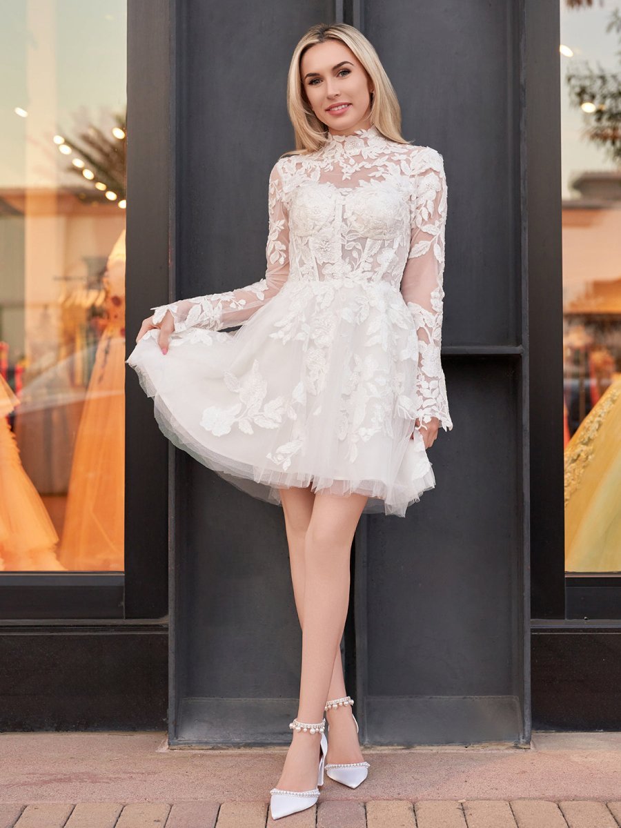 Short White A-Line Illusion Neck Long Sleeves Lace Wedding Dresses - Curvevia