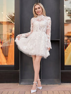 Short White A-Line Illusion Neck Long Sleeves Lace Wedding Dresses - Curvevia
