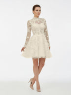 Short White A-Line Illusion Neck Long Sleeves Lace Wedding Dresses - Curvevia