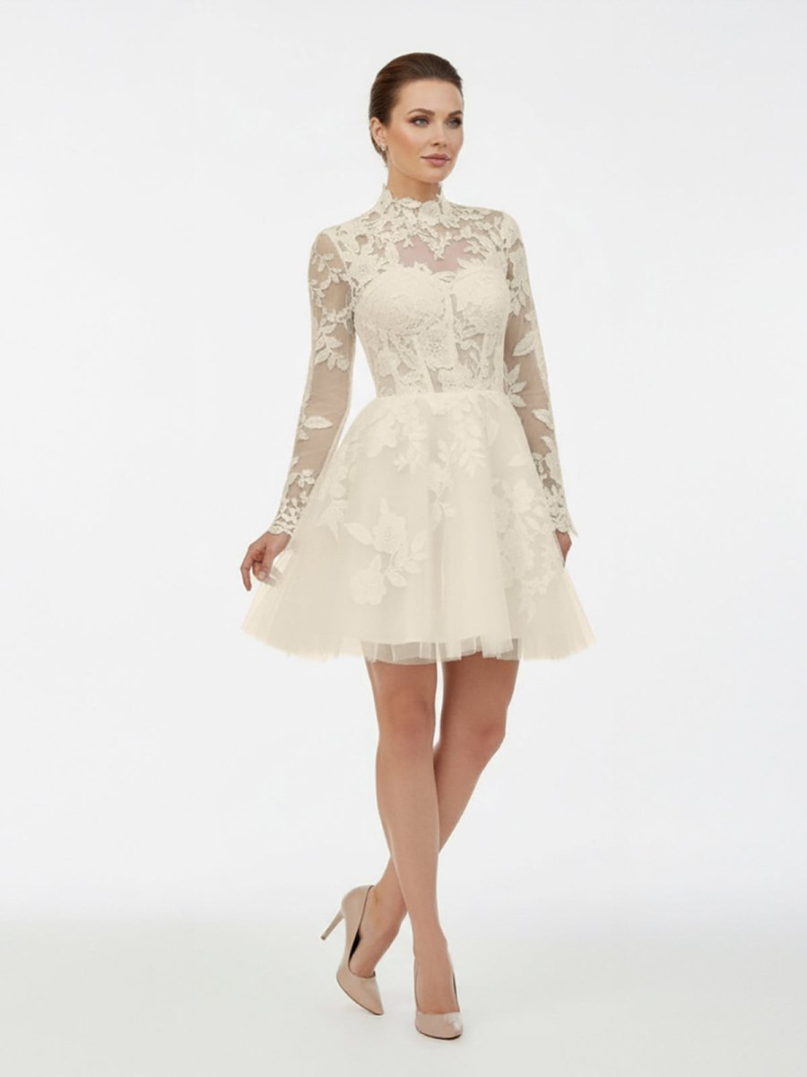 Short White A-Line Illusion Neck Long Sleeves Lace Wedding Dresses - Curvevia