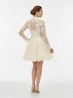 Short White A-Line Illusion Neck Long Sleeves Lace Wedding Dresses - Curvevia