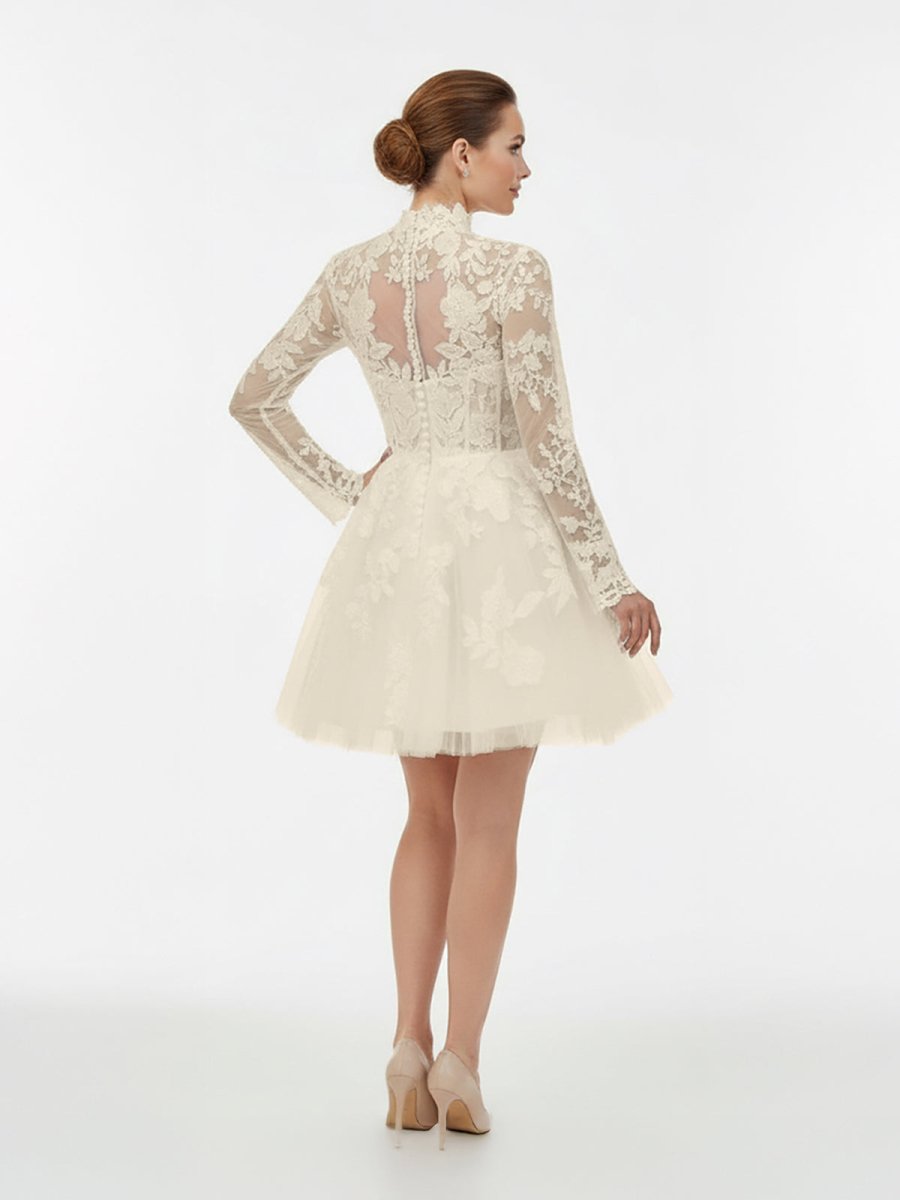 Short White A-Line Illusion Neck Long Sleeves Lace Wedding Dresses - Curvevia