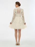 Short White A-Line Illusion Neck Long Sleeves Lace Wedding Dresses - Curvevia