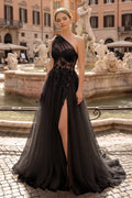Light Yellow One Shoulder 3D Appliques Beading Long Prom Dress with Slit - Curvevia