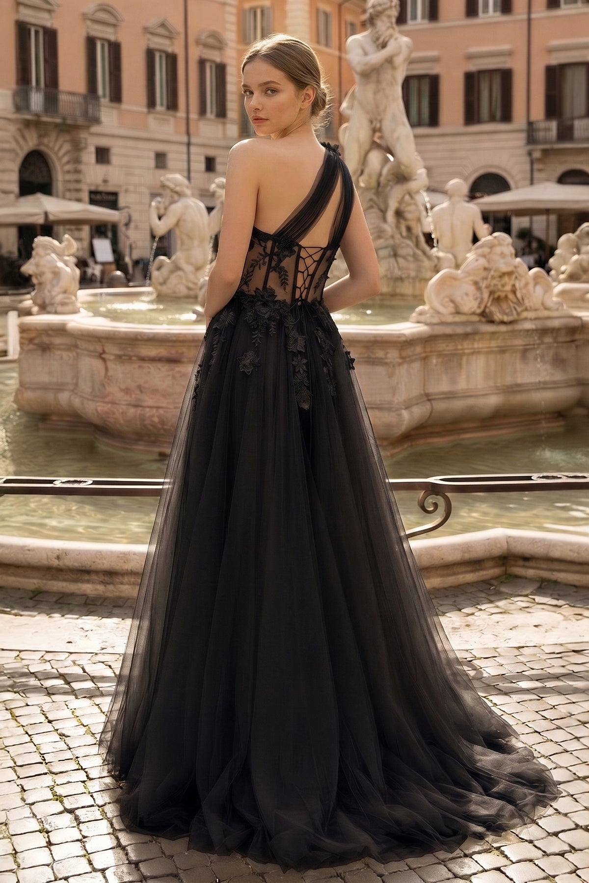 Light Yellow One Shoulder 3D Appliques Beading Long Prom Dress with Slit - Curvevia