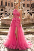 Light Yellow One Shoulder 3D Appliques Beading Long Prom Dress with Slit - Curvevia
