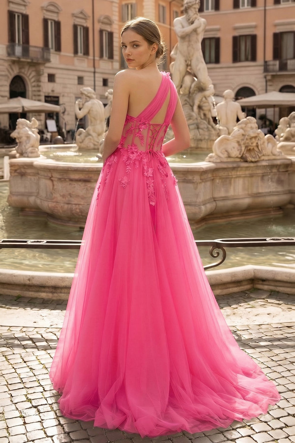 Light Yellow One Shoulder 3D Appliques Beading Long Prom Dress with Slit - Curvevia