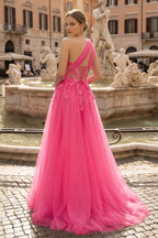 Light Yellow One Shoulder 3D Appliques Beading Long Prom Dress with Slit - Curvevia