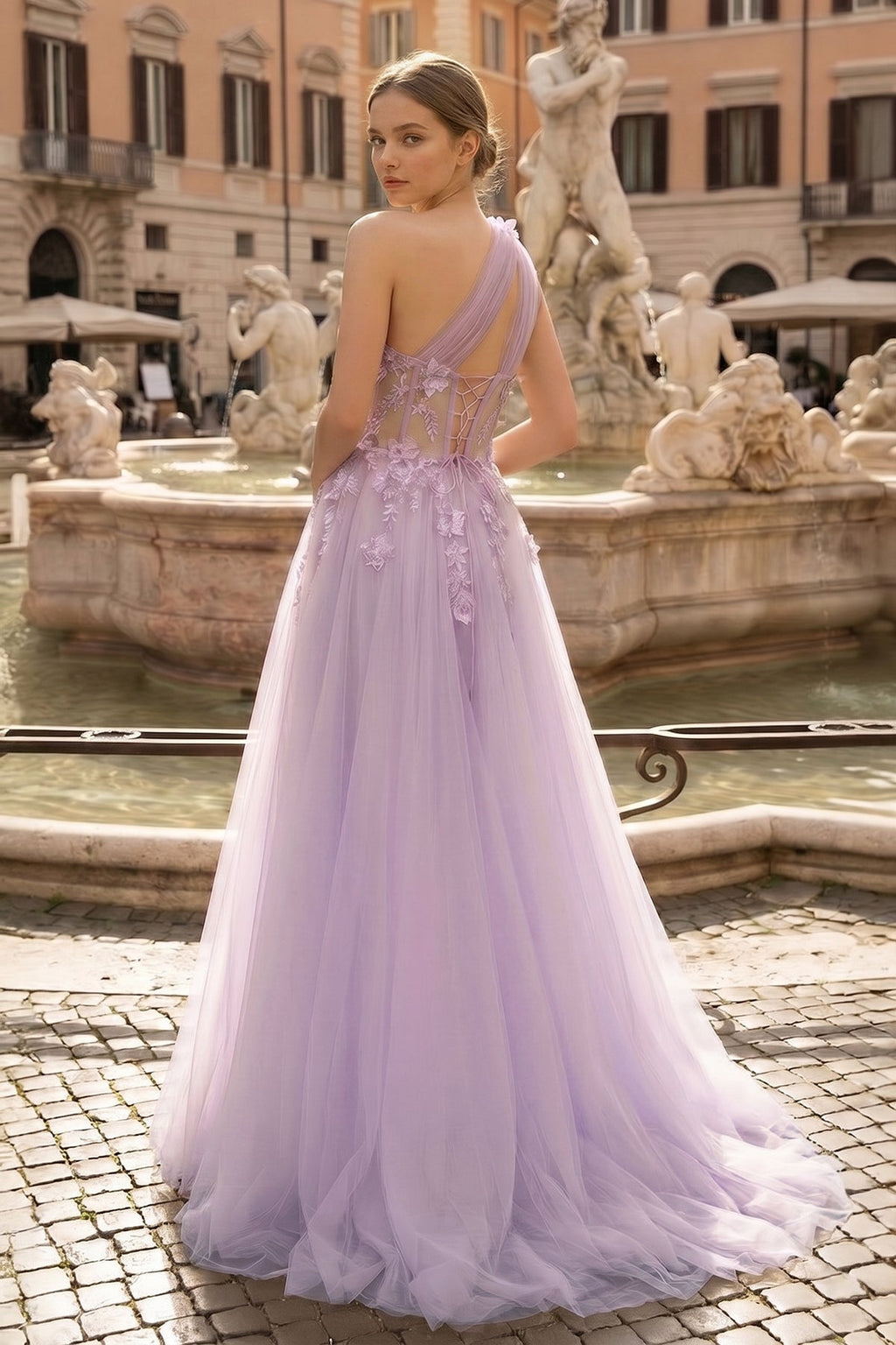 Light Yellow One Shoulder 3D Appliques Beading Long Prom Dress with Slit - Curvevia