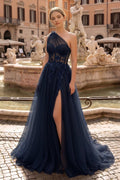Light Yellow One Shoulder 3D Appliques Beading Long Prom Dress with Slit - Curvevia