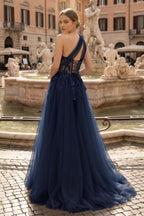 Light Yellow One Shoulder 3D Appliques Beading Long Prom Dress with Slit - Curvevia