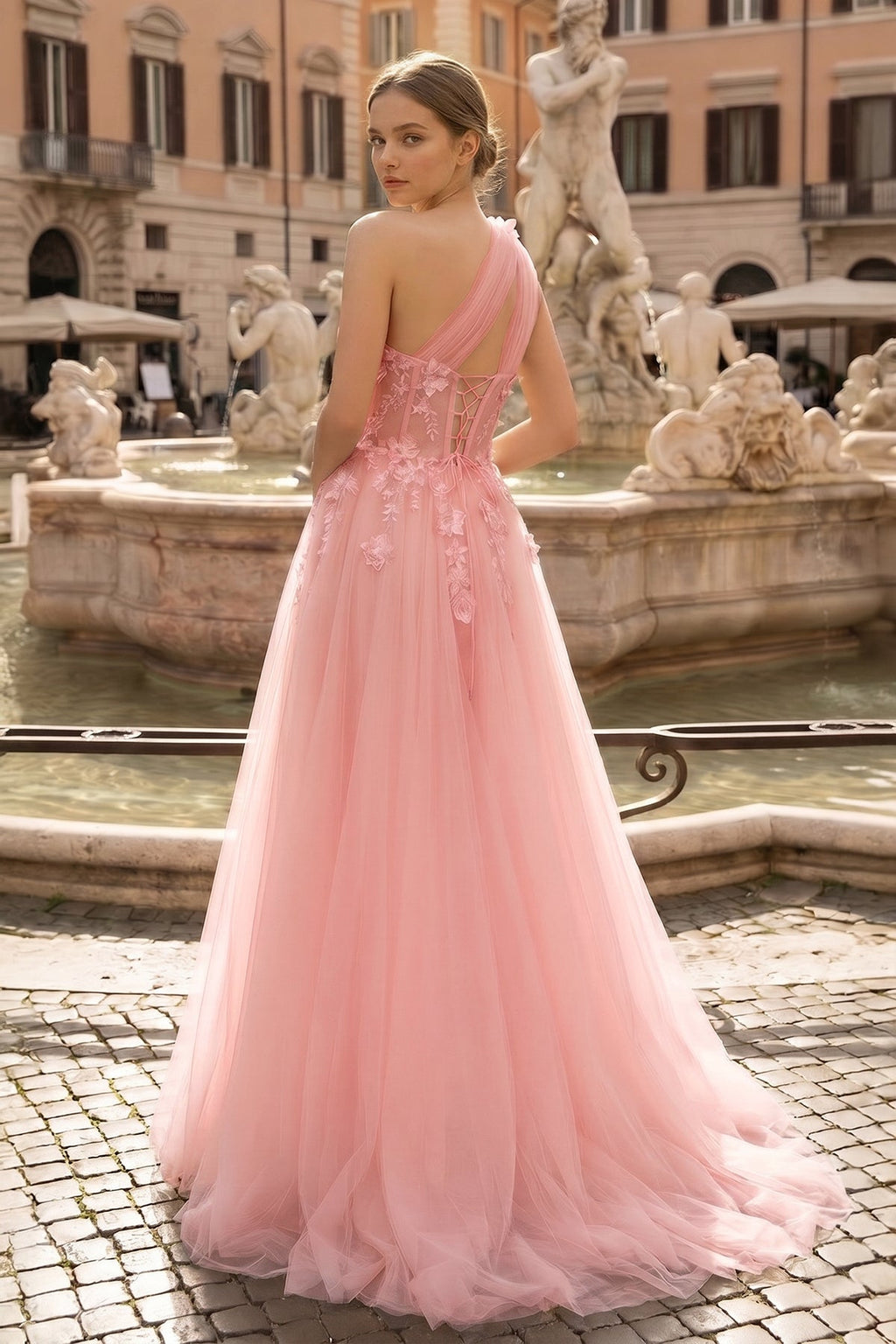 Light Yellow One Shoulder 3D Appliques Beading Long Prom Dress with Slit - Curvevia